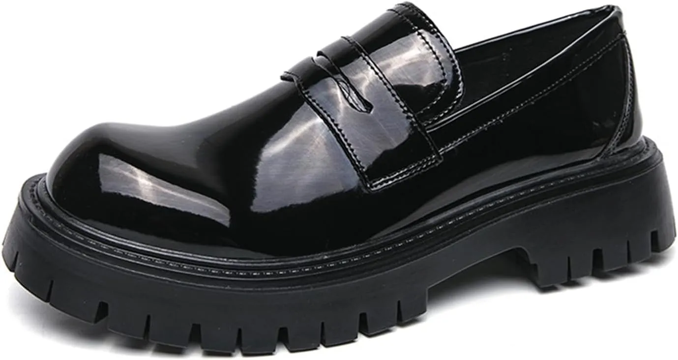 Men's Patent Leather Platform Lug Sole Slip on Penny Loafers Classic Round Toe Chunky Business Casual Formal Dress Derby Shoes