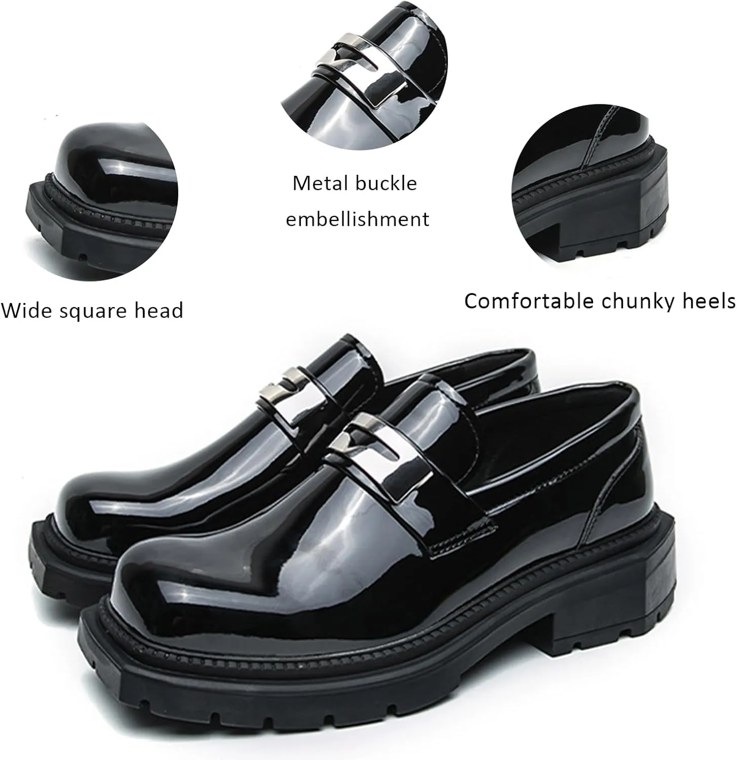 Men's Patent Leather Square Toe Platform Loafers Classic Slip-on Comfort Anti-Slip Lug Sole Low Chunky Heel Gothic Loafers for Business Work Driving Dress Casual Shoes