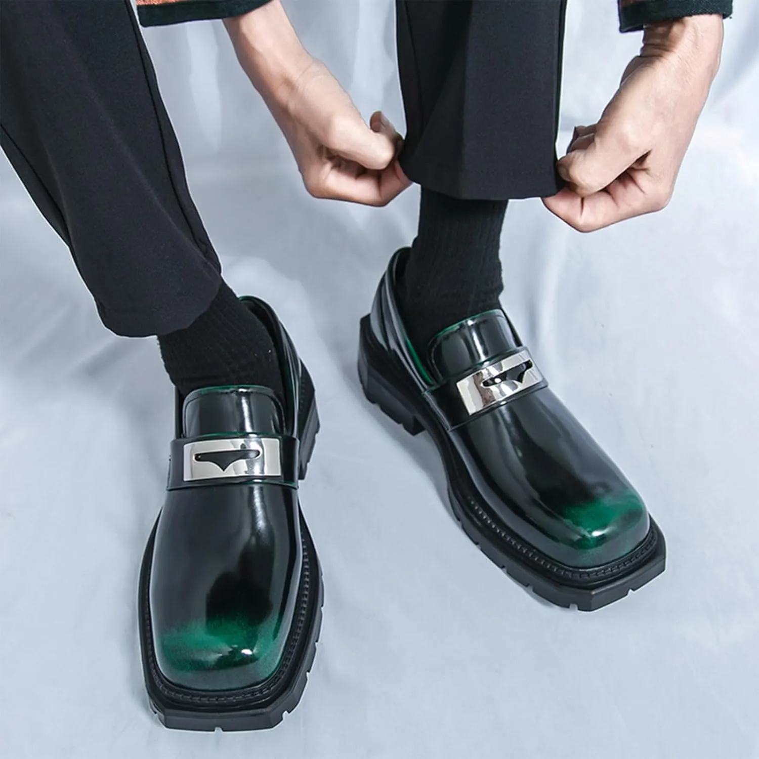 Men's Patent Leather Square Toe Platform Loafers Classic Slip-on Comfort Anti-Slip Lug Sole Low Chunky Heel Gothic Loafers for Business Work Driving Dress Casual Shoes