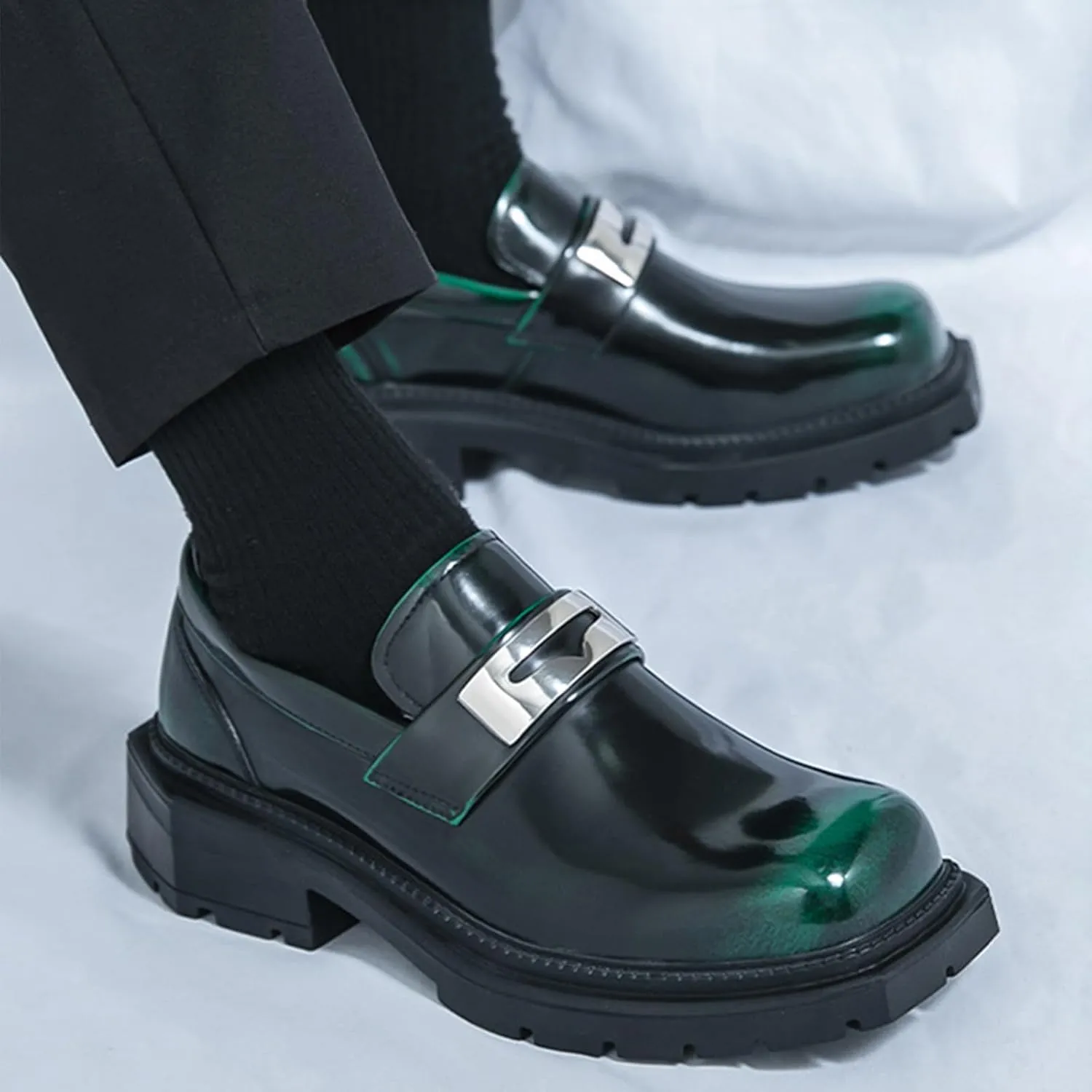 Men's Patent Leather Square Toe Platform Loafers Classic Slip-on Comfort Anti-Slip Lug Sole Low Chunky Heel Gothic Loafers for Business Work Driving Dress Casual Shoes