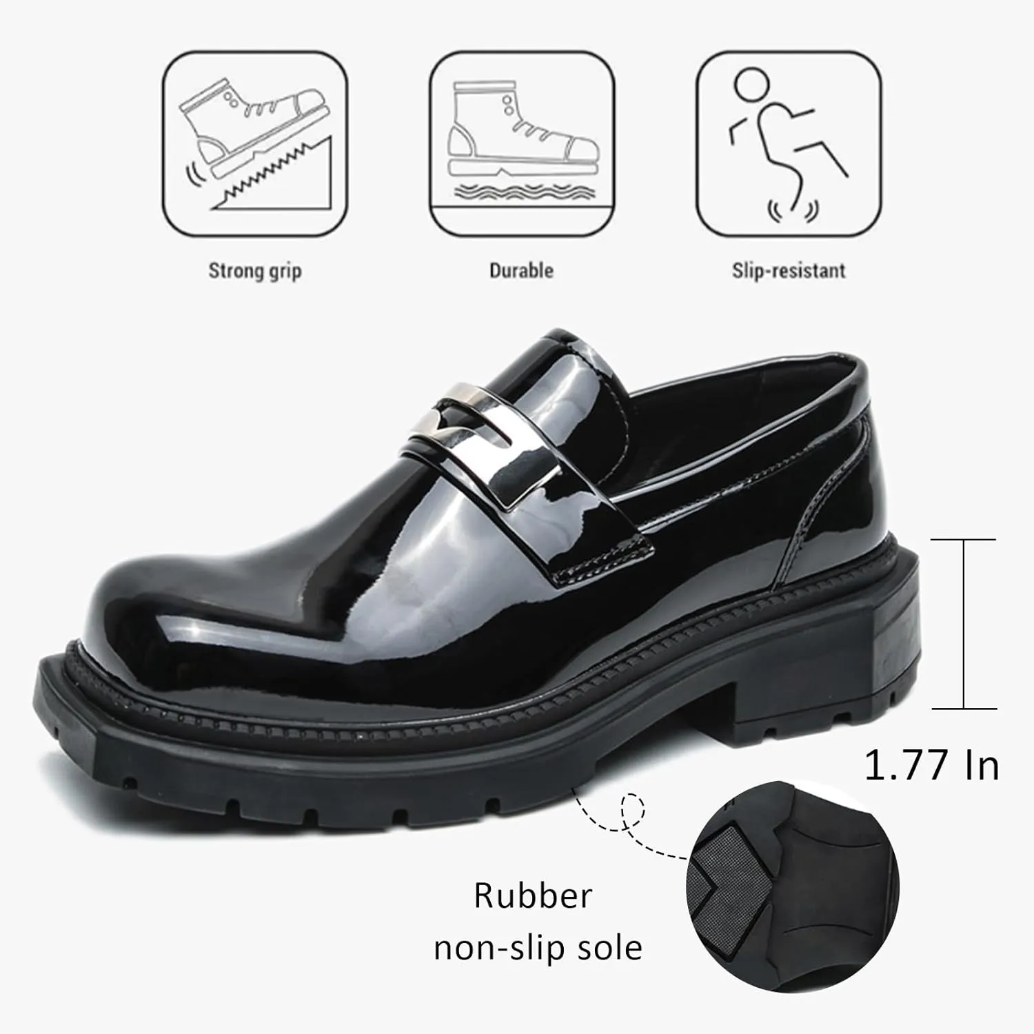 Men's Patent Leather Square Toe Platform Loafers Classic Slip-on Comfort Anti-Slip Lug Sole Low Chunky Heel Gothic Loafers for Business Work Driving Dress Casual Shoes