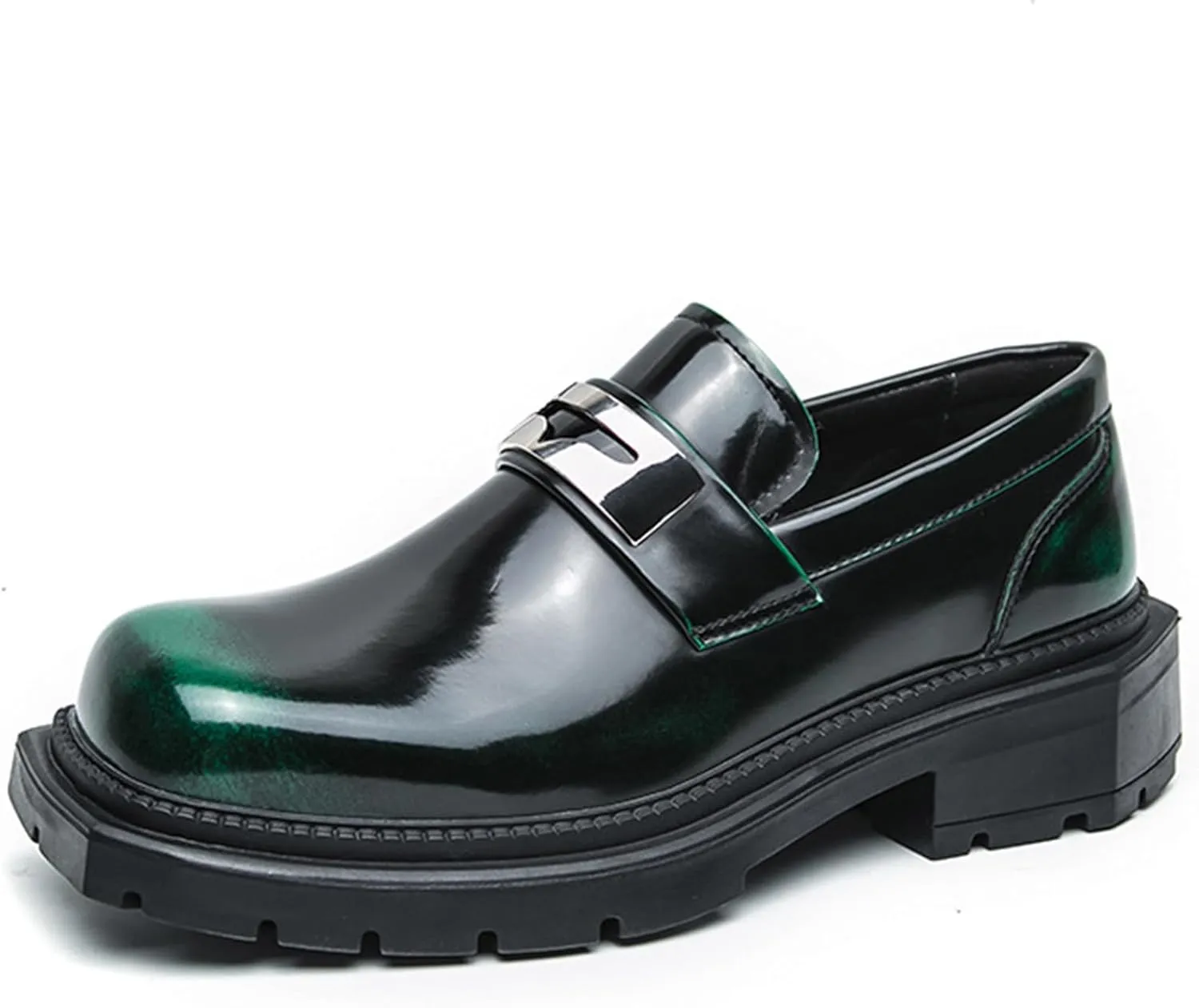 Men's Patent Leather Square Toe Platform Loafers Classic Slip-on Comfort Anti-Slip Lug Sole Low Chunky Heel Gothic Loafers for Business Work Driving Dress Casual Shoes