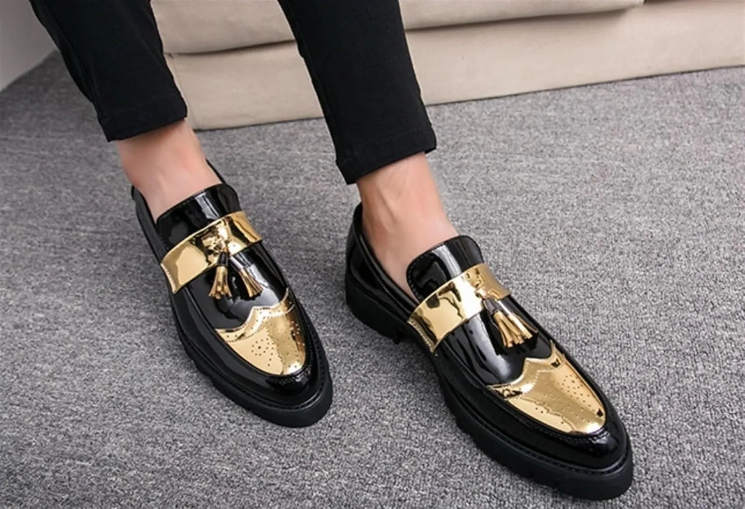 Men's Patent Leather Tassel Loafers Platform Slip-On Casual Shoes Fashion Round Toe Non-Slip Lug Sole Dress Prom Shoes for Men