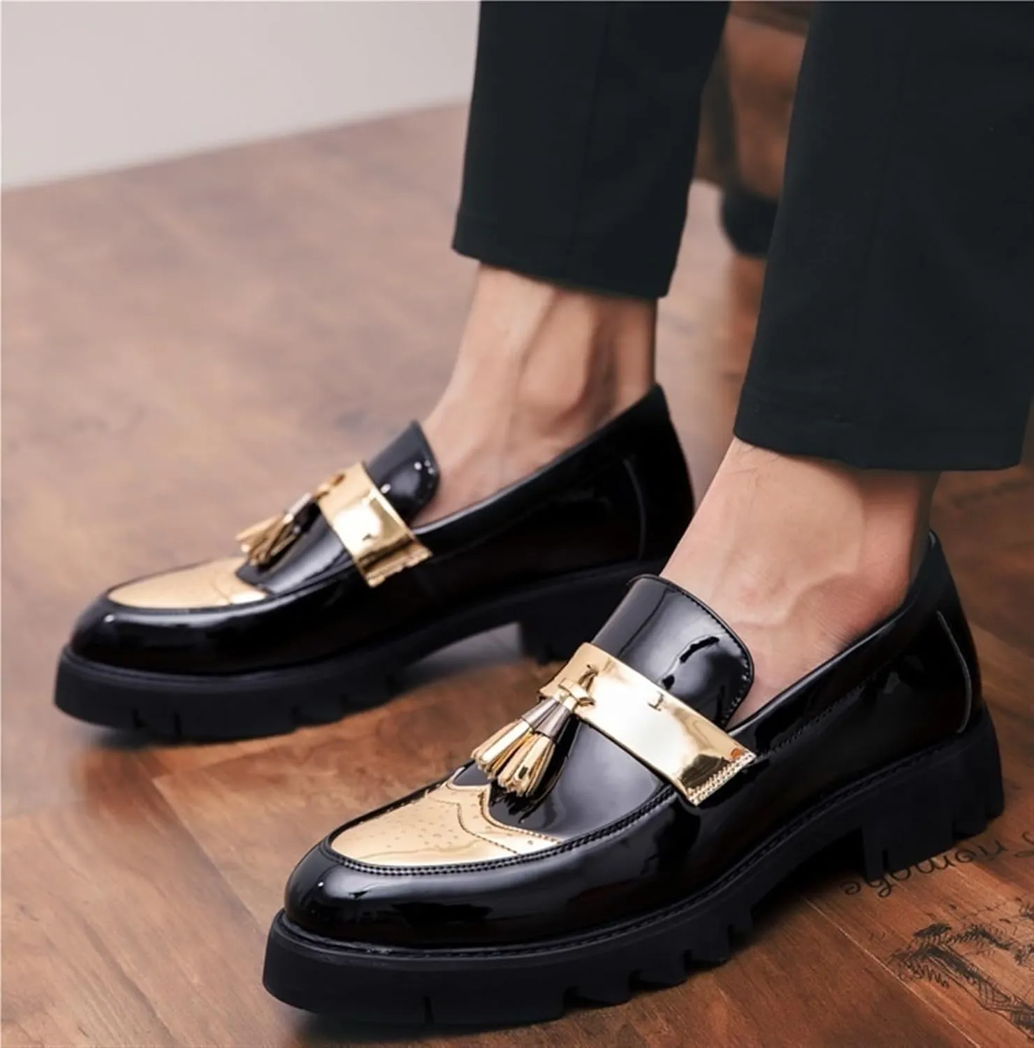 Men's Patent Leather Tassel Loafers Platform Slip-On Casual Shoes Fashion Round Toe Non-Slip Lug Sole Dress Prom Shoes for Men