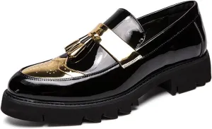 Men's Patent Leather Tassel Loafers Platform Slip-On Casual Shoes Fashion Round Toe Non-Slip Lug Sole Dress Prom Shoes for Men