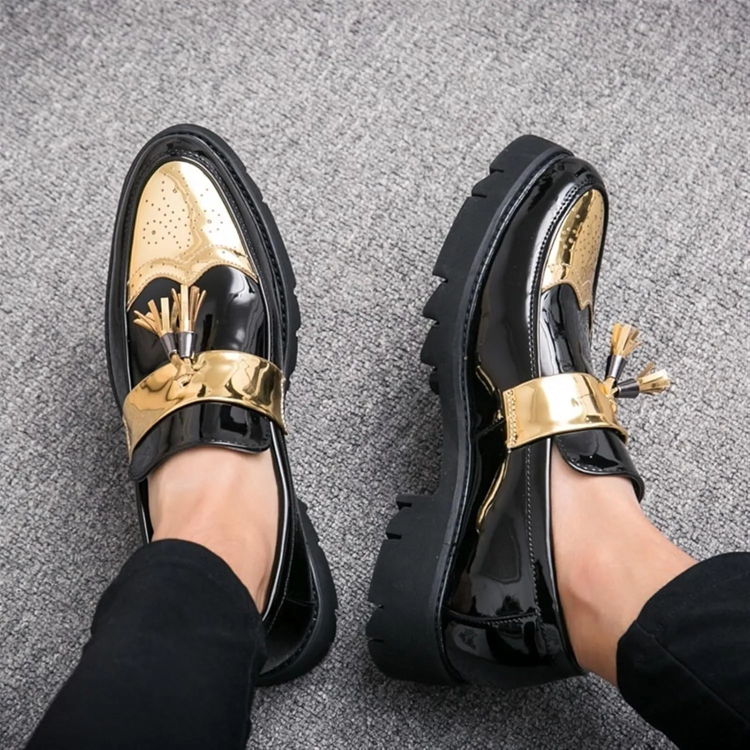 Men's Patent Leather Tassel Loafers Platform Slip-On Casual Shoes Fashion Round Toe Non-Slip Lug Sole Dress Prom Shoes for Men