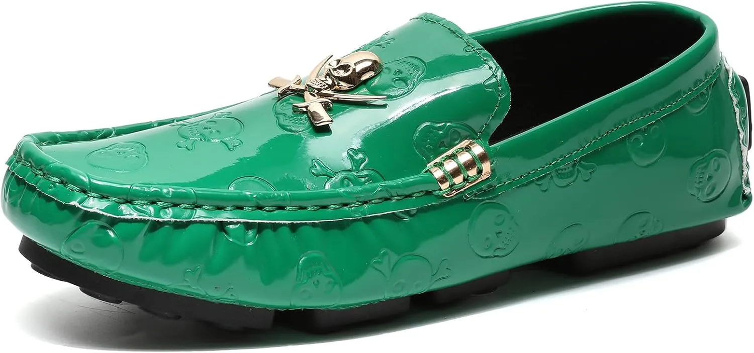 Men's Penny Loafers Patent Leather Skull Pattern Loafers Slip-On Driving Moccasins with Gold Skull Buckle Accent Boat Casual Dress Shoes