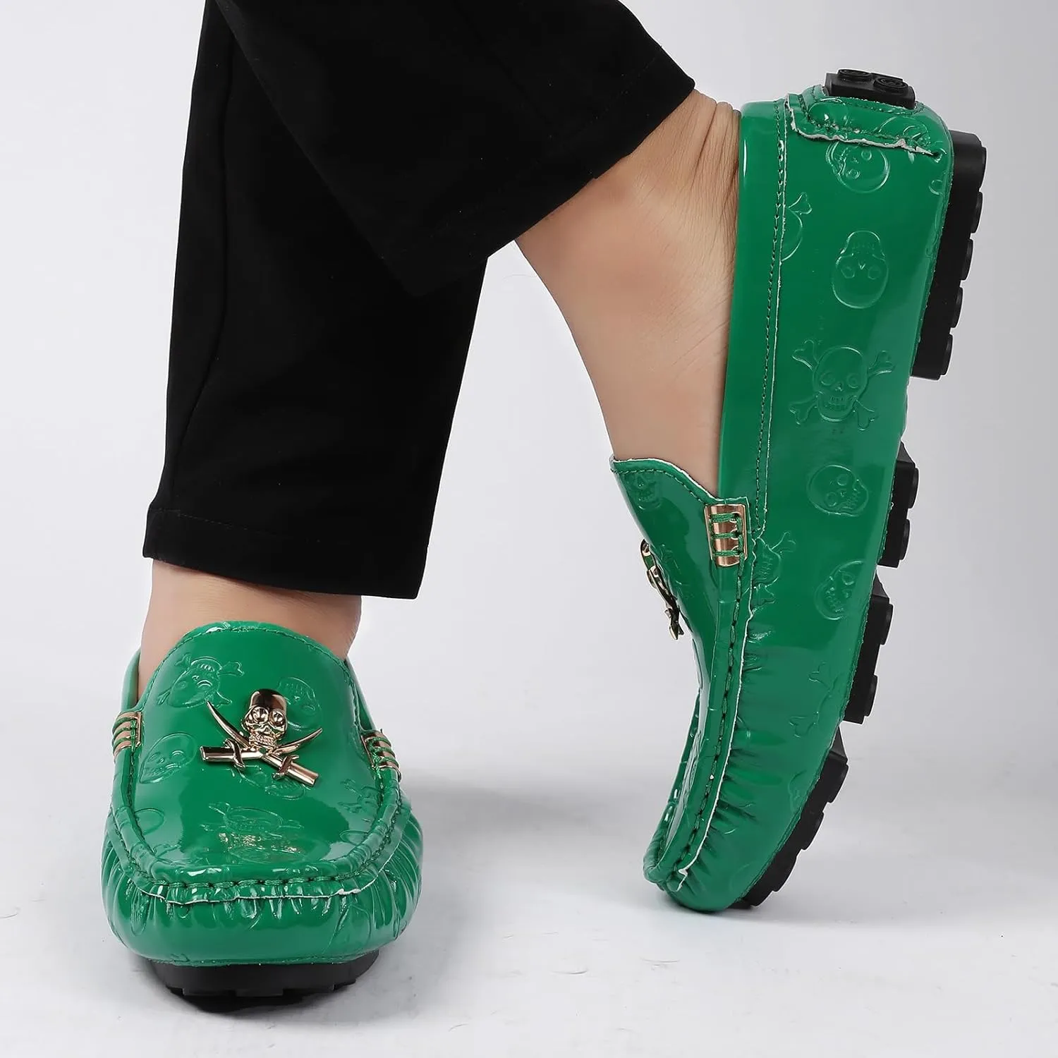 Men's Penny Loafers Patent Leather Skull Pattern Loafers Slip-On Driving Moccasins with Gold Skull Buckle Accent Boat Casual Dress Shoes