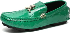 Men's Penny Loafers Patent Leather Skull Pattern Loafers Slip-On Driving Moccasins with Gold Skull Buckle Accent Boat Casual Dress Shoes