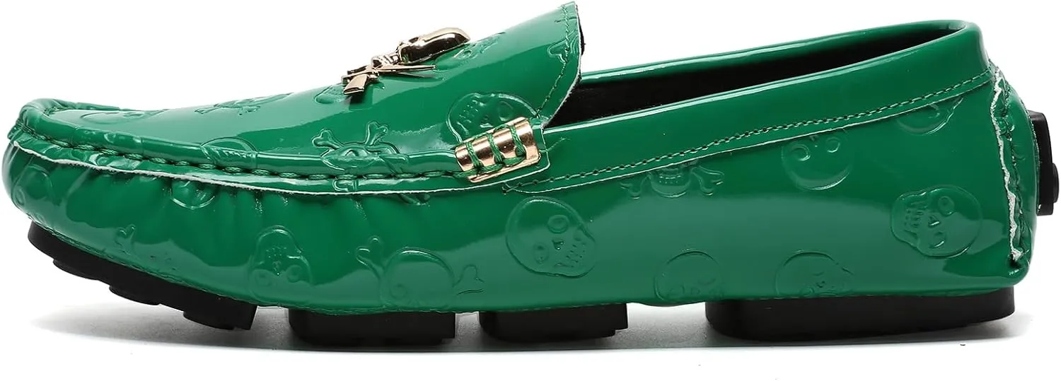 Men's Penny Loafers Patent Leather Skull Pattern Loafers Slip-On Driving Moccasins with Gold Skull Buckle Accent Boat Casual Dress Shoes