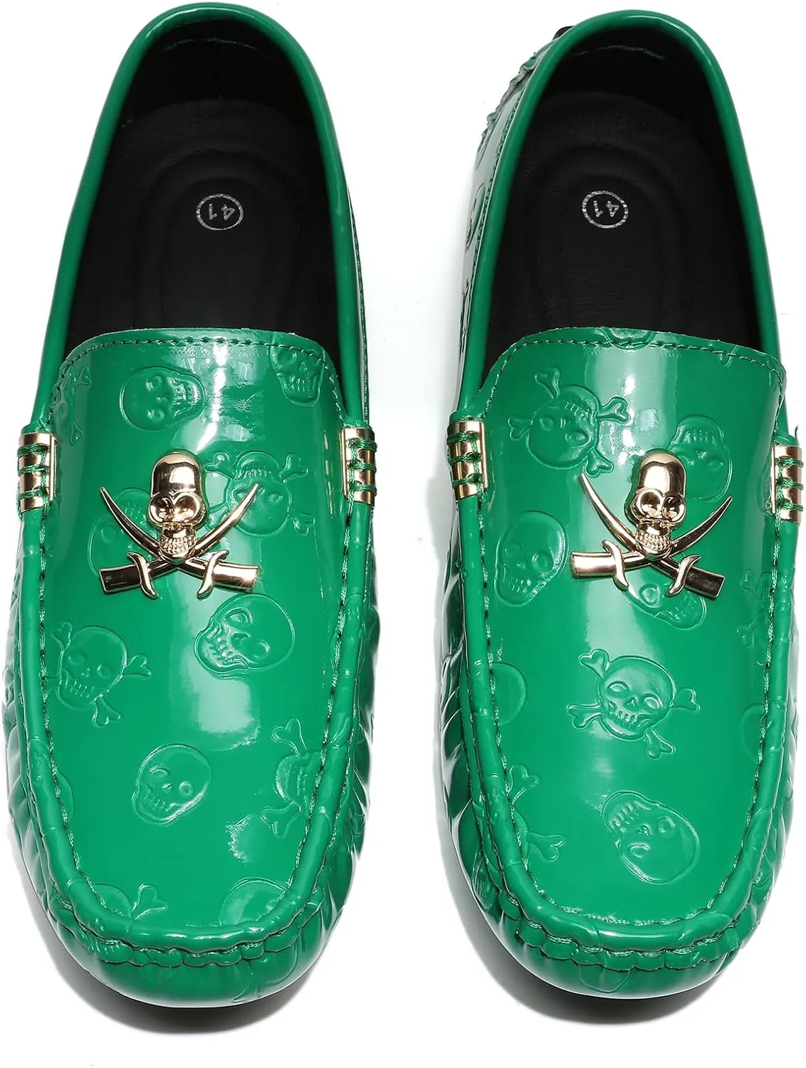 Men's Penny Loafers Patent Leather Skull Pattern Loafers Slip-On Driving Moccasins with Gold Skull Buckle Accent Boat Casual Dress Shoes