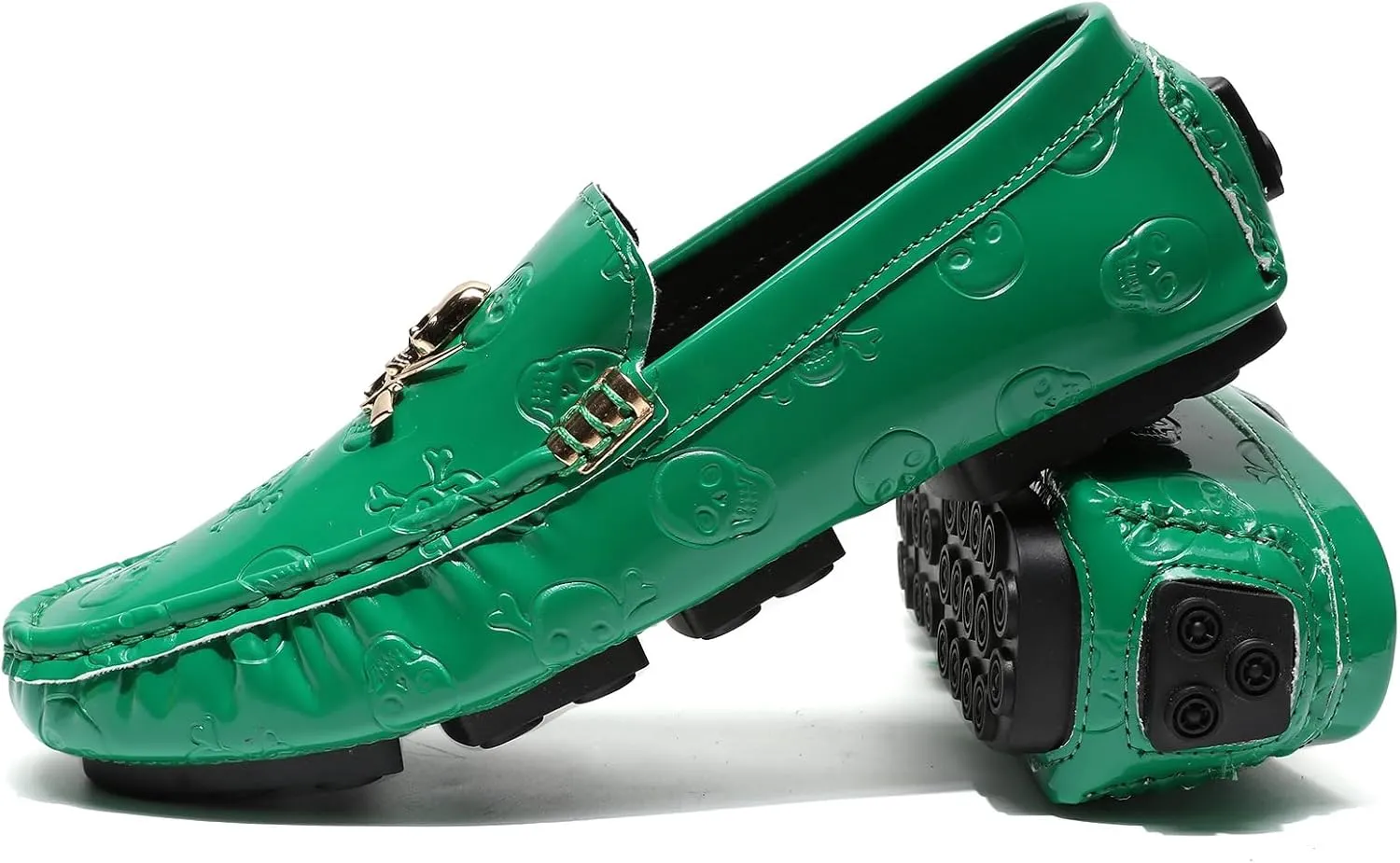 Men's Penny Loafers Patent Leather Skull Pattern Loafers Slip-On Driving Moccasins with Gold Skull Buckle Accent Boat Casual Dress Shoes