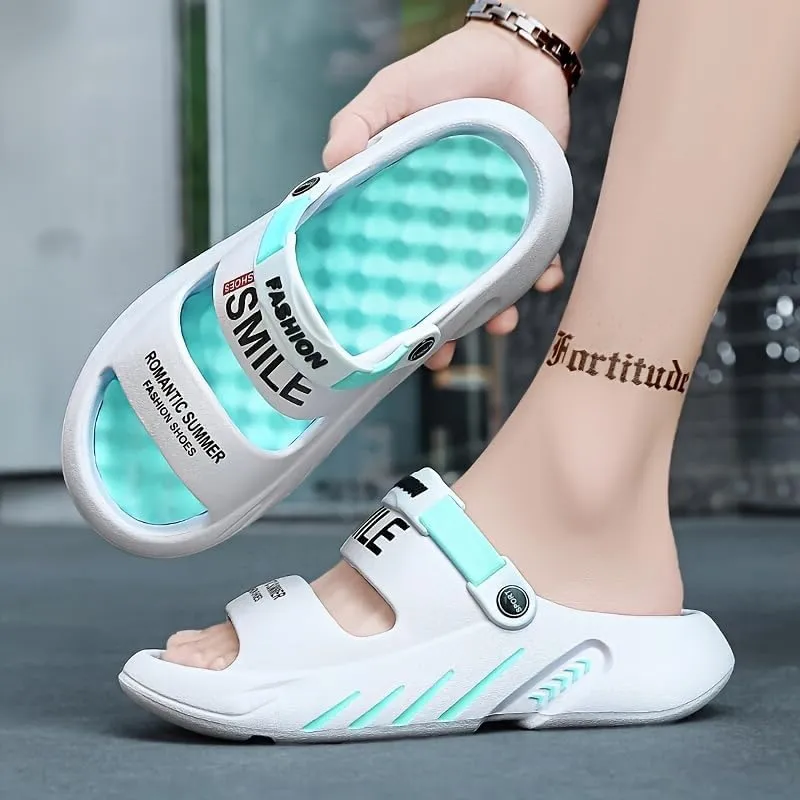 Men's Sandals Trendy Street Style Color Block Open Toe Breathable Chunky Slippers, Comfy Non Slip Durable EVA Anti Odor Slides, Men's Summer Sandals Slippers