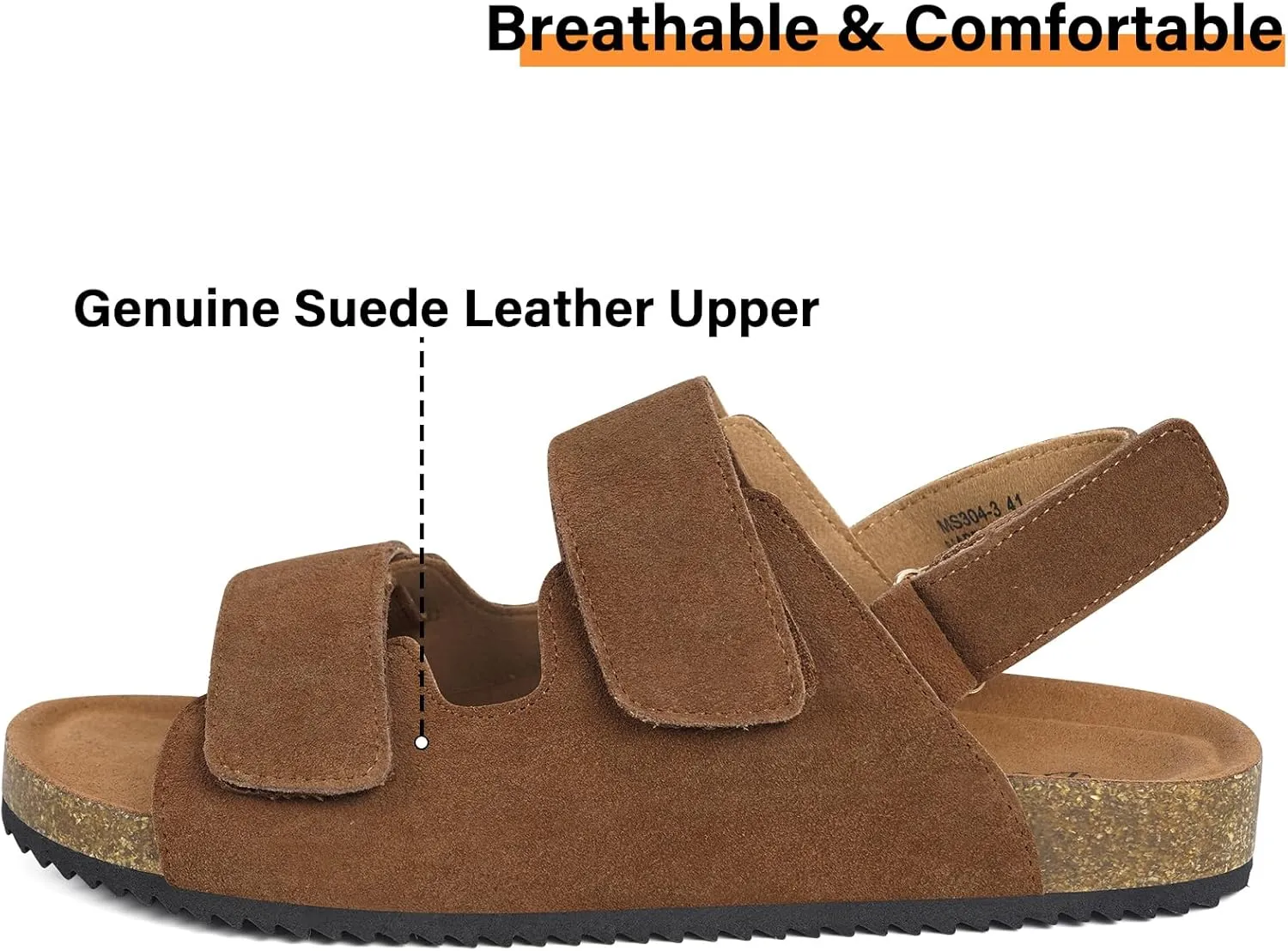 Mens Womens Cork Footbed Sandals Suede Leather Flat Sandals Arch Support Orthotic Summer Slip on Open Toe Outdoor Slide Shoes with Adjustable Double Strap & Back Strap
