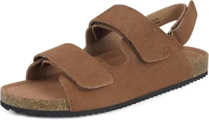 Mens Womens Cork Footbed Sandals Suede Leather Flat Sandals Arch Support Orthotic Summer Slip on Open Toe Outdoor Slide Shoes with Adjustable Double Strap & Back Strap