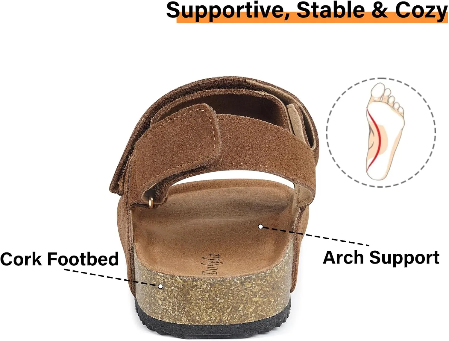 Mens Womens Cork Footbed Sandals Suede Leather Flat Sandals Arch Support Orthotic Summer Slip on Open Toe Outdoor Slide Shoes with Adjustable Double Strap & Back Strap