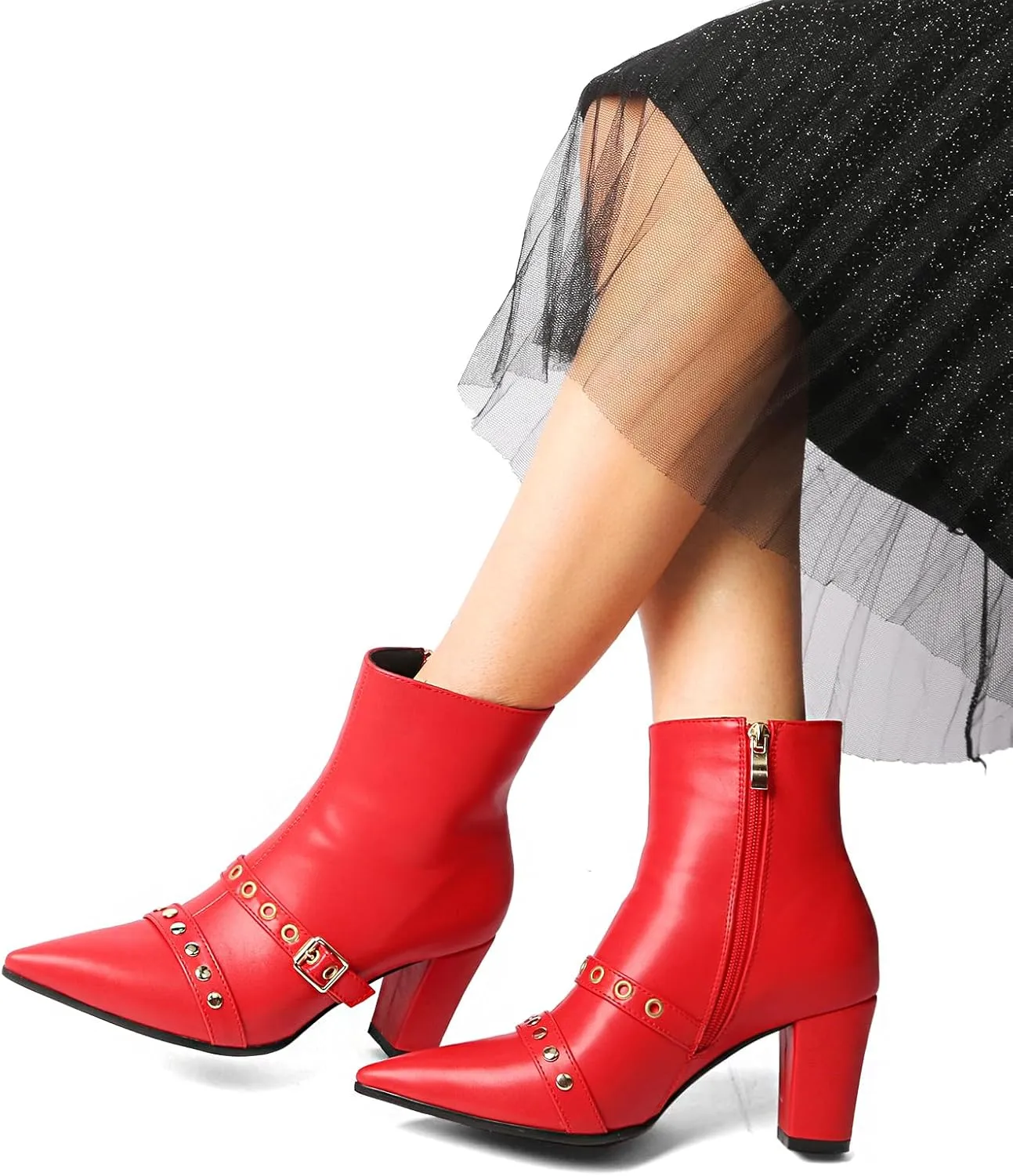 MEOTINA Gold High Heels for Women Kitten Heel Pointed Toe Short Womens Booties Buckle High Heeled Ankle Metallic Shoes