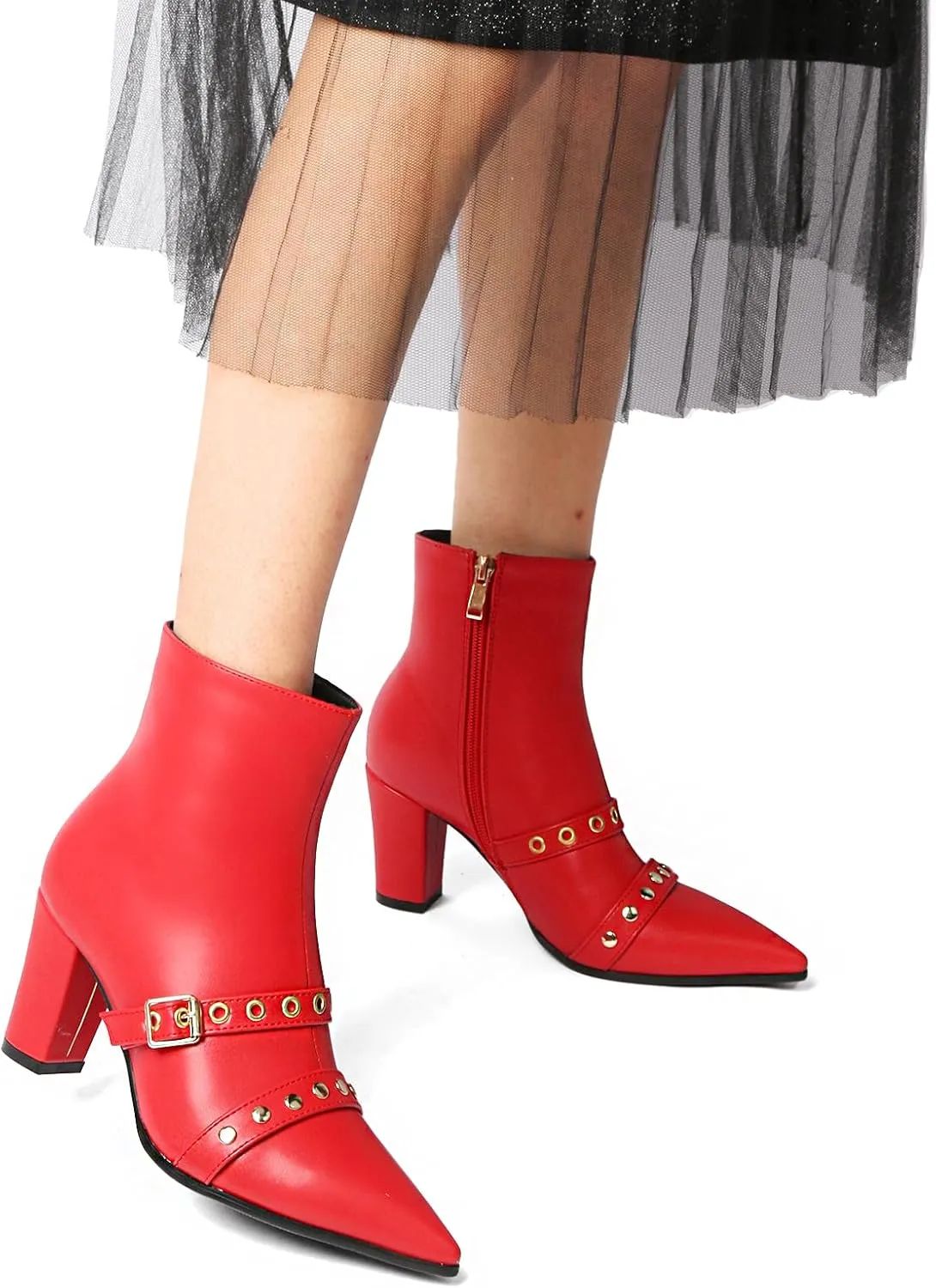 MEOTINA Gold High Heels for Women Kitten Heel Pointed Toe Short Womens Booties Buckle High Heeled Ankle Metallic Shoes
