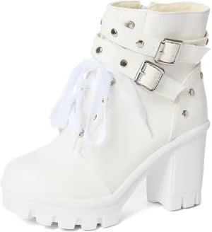 MEOTINA Goth Platform Boots Chunky High Heels Ankle Boots Lace Buckle Gothic Cosplay Booties Zipper Punk Shoes