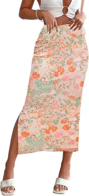 Milumia Women's Ditsy Floral Mesh Split Hem Long Skirt High Waisted Boho Midi Skirts