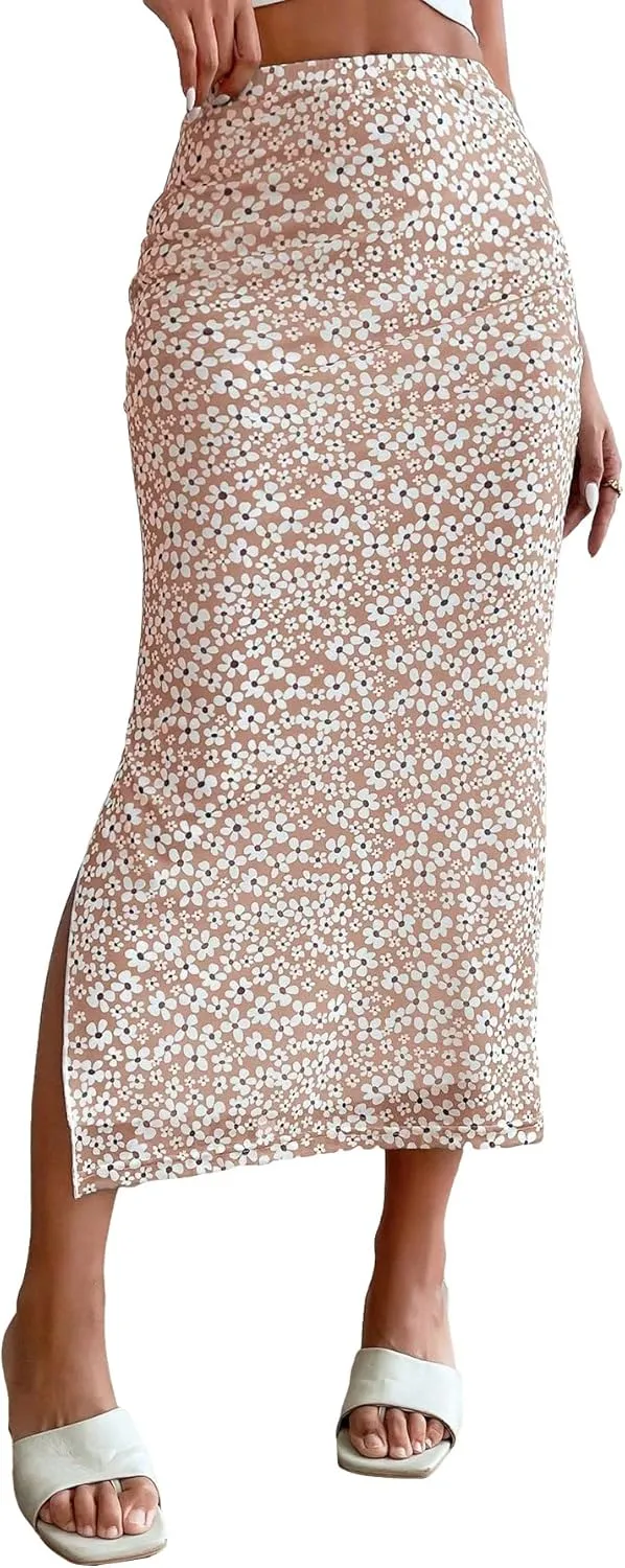 Milumia Women's Ditsy Floral Mesh Split Hem Long Skirt High Waisted Boho Midi Skirts