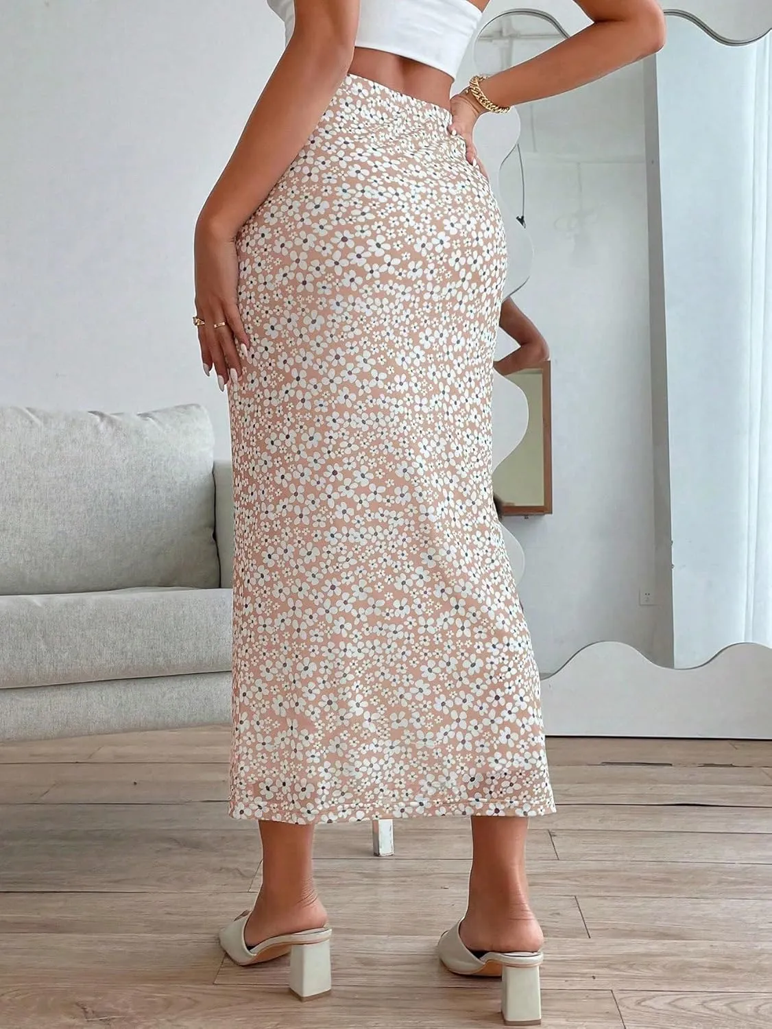 Milumia Women's Ditsy Floral Mesh Split Hem Long Skirt High Waisted Boho Midi Skirts
