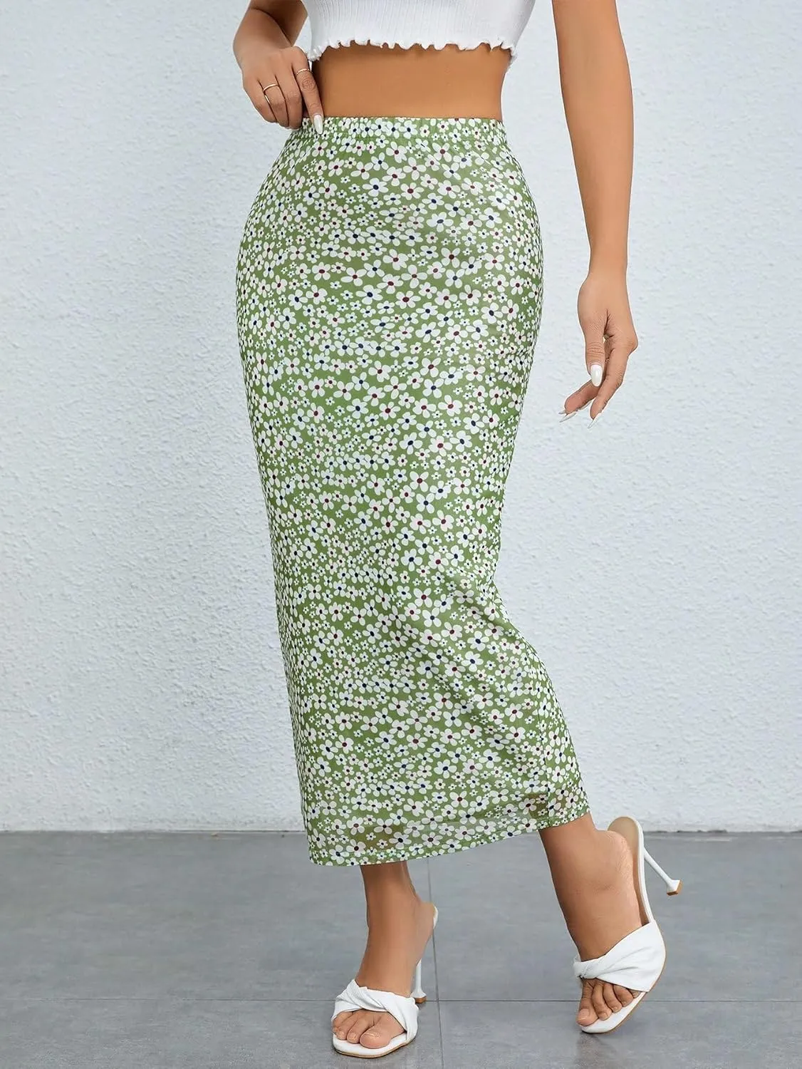 Milumia Women's Ditsy Floral Mesh Split Hem Long Skirt High Waisted Boho Midi Skirts