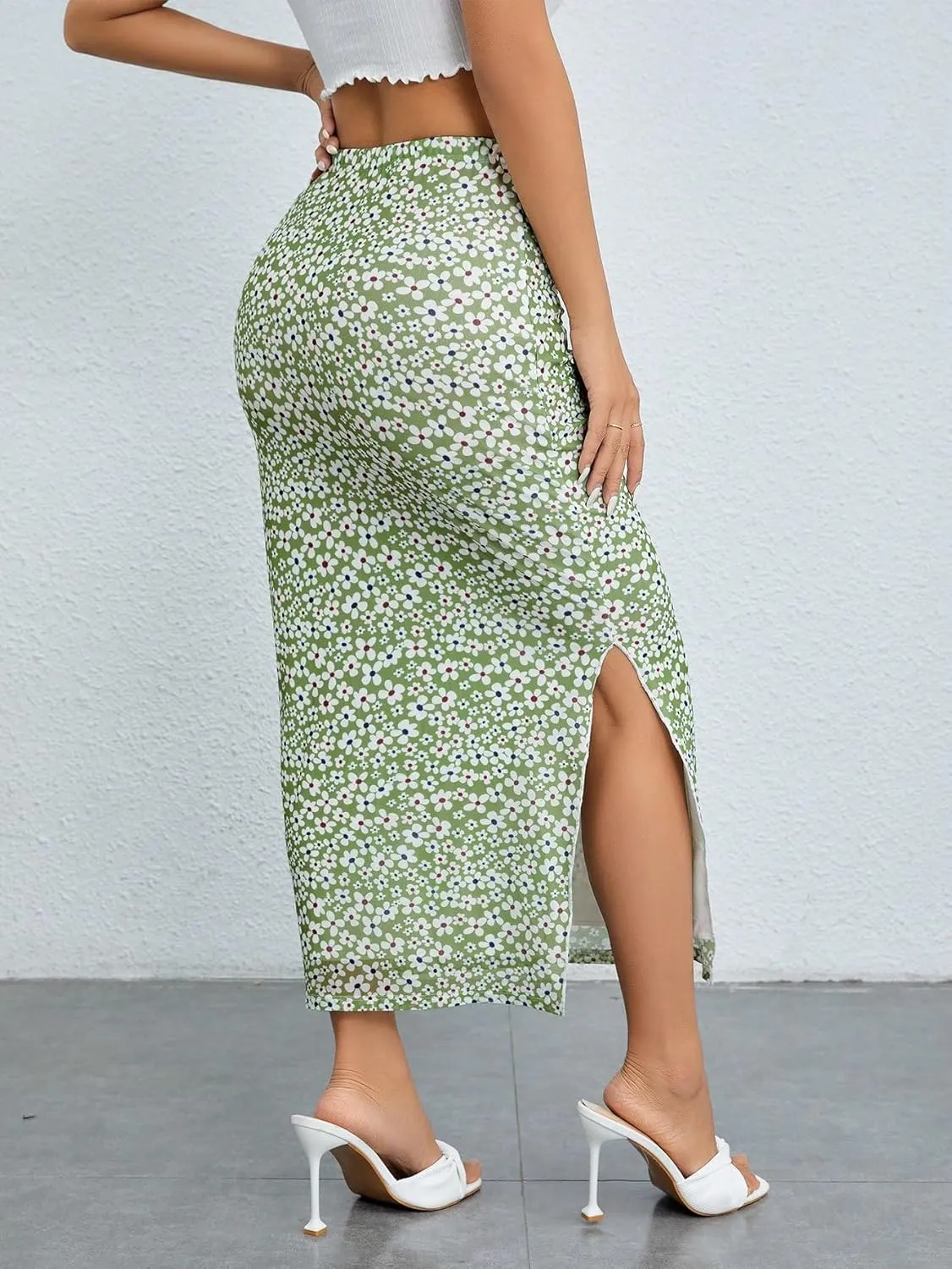 Milumia Women's Ditsy Floral Mesh Split Hem Long Skirt High Waisted Boho Midi Skirts