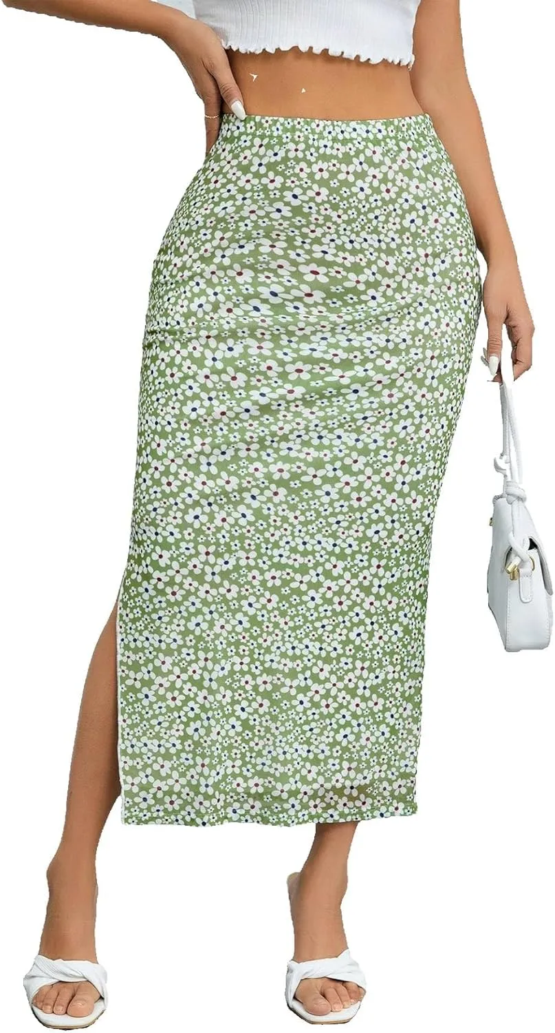 Milumia Women's Ditsy Floral Mesh Split Hem Long Skirt High Waisted Boho Midi Skirts