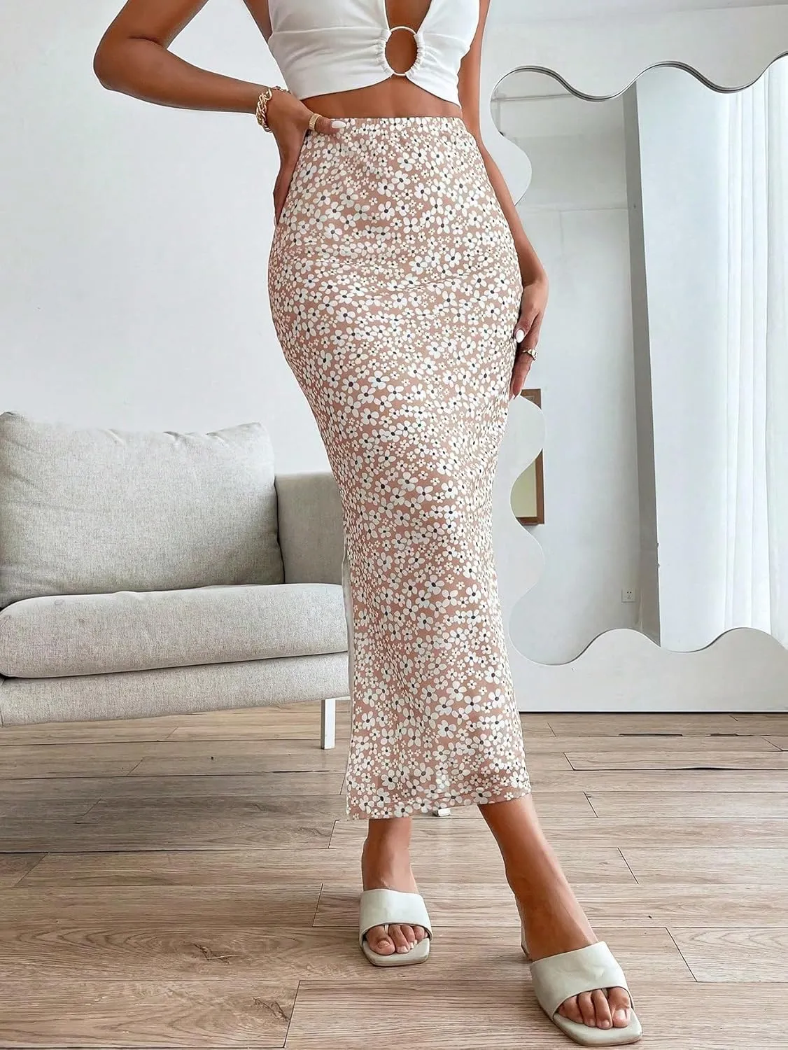 Milumia Women's Ditsy Floral Mesh Split Hem Long Skirt High Waisted Boho Midi Skirts