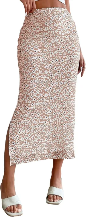 Milumia Women's Ditsy Floral Mesh Split Hem Long Skirt High Waisted Boho Midi Skirts