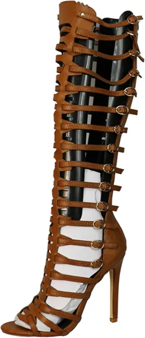 Minishion Gladiator Sandals for Women Tall Heels Stiletto Knee High Summer Boots Shoes
