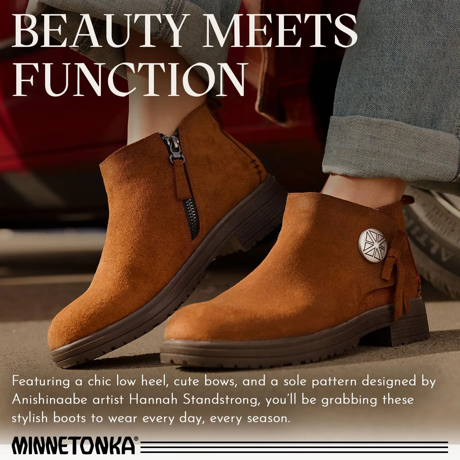 Minnetonka Joyelle – Ankle Booties for Women with Anishinaabe Designed Lug Sole and Cushioned Footbed