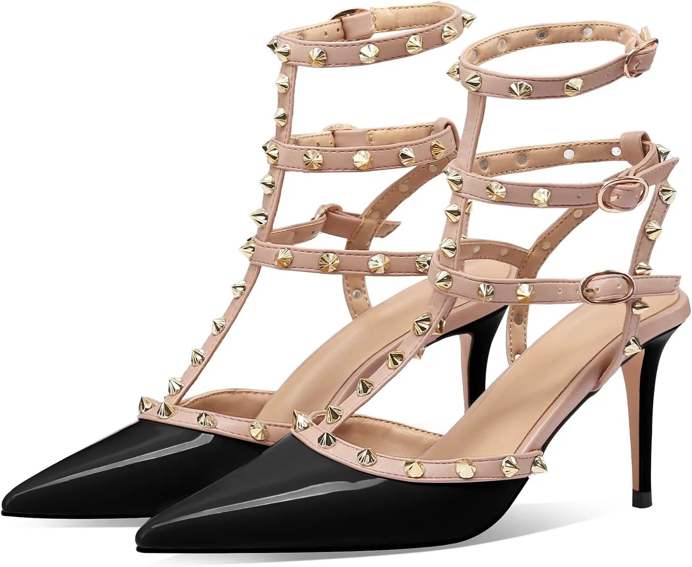 MIRAAZZURRA Women Heeled Sandals Rivet Studded T-Strap Wedding Shoes Stiletto High Heels Pointed Toe Slip On Bridal Pumps for Women