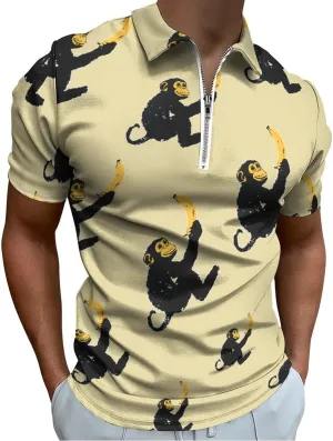 Monkey Holding A Banana Mens Polo Shirts Short Sleeve Golf Zipped T-shirt Slim Fit V-neck Tennis Tops