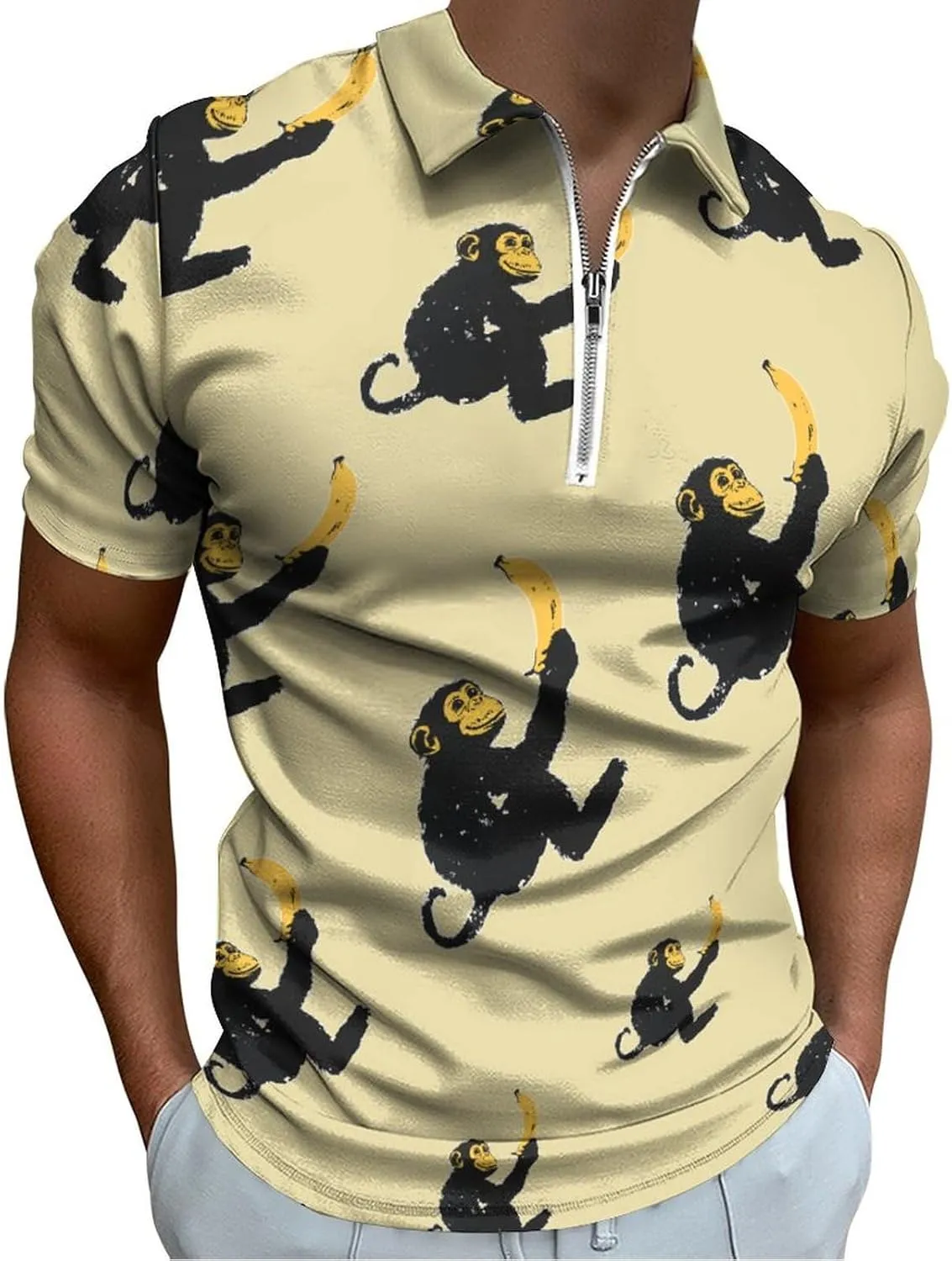 Monkey Holding A Banana Mens Polo Shirts Short Sleeve Golf Zipped T-shirt Slim Fit V-neck Tennis Tops