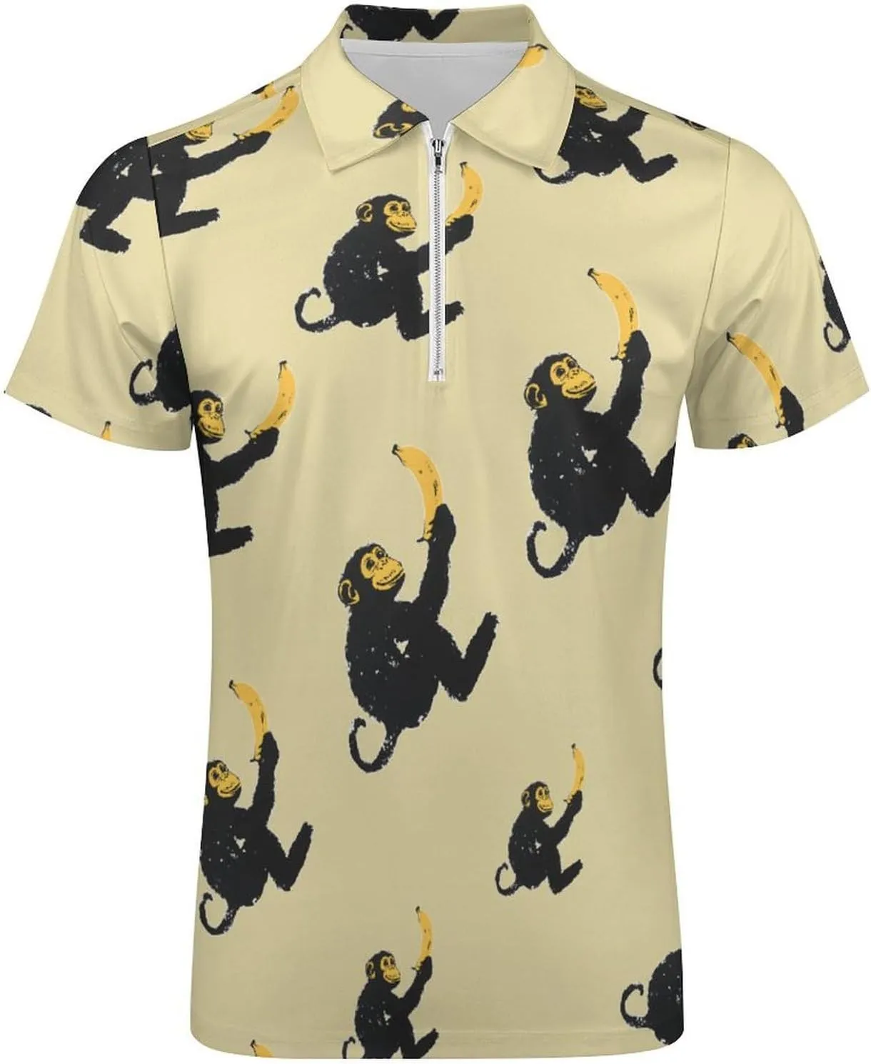 Monkey Holding A Banana Mens Polo Shirts Short Sleeve Golf Zipped T-shirt Slim Fit V-neck Tennis Tops