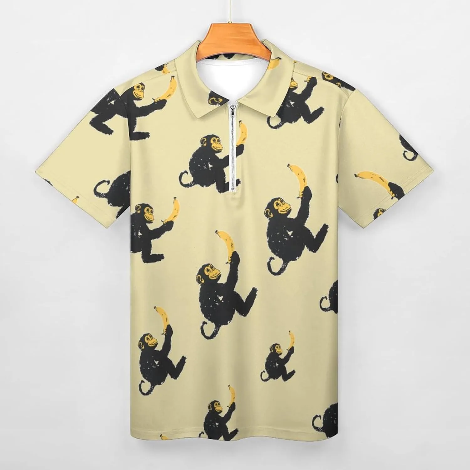 Monkey Holding A Banana Mens Polo Shirts Short Sleeve Golf Zipped T-shirt Slim Fit V-neck Tennis Tops