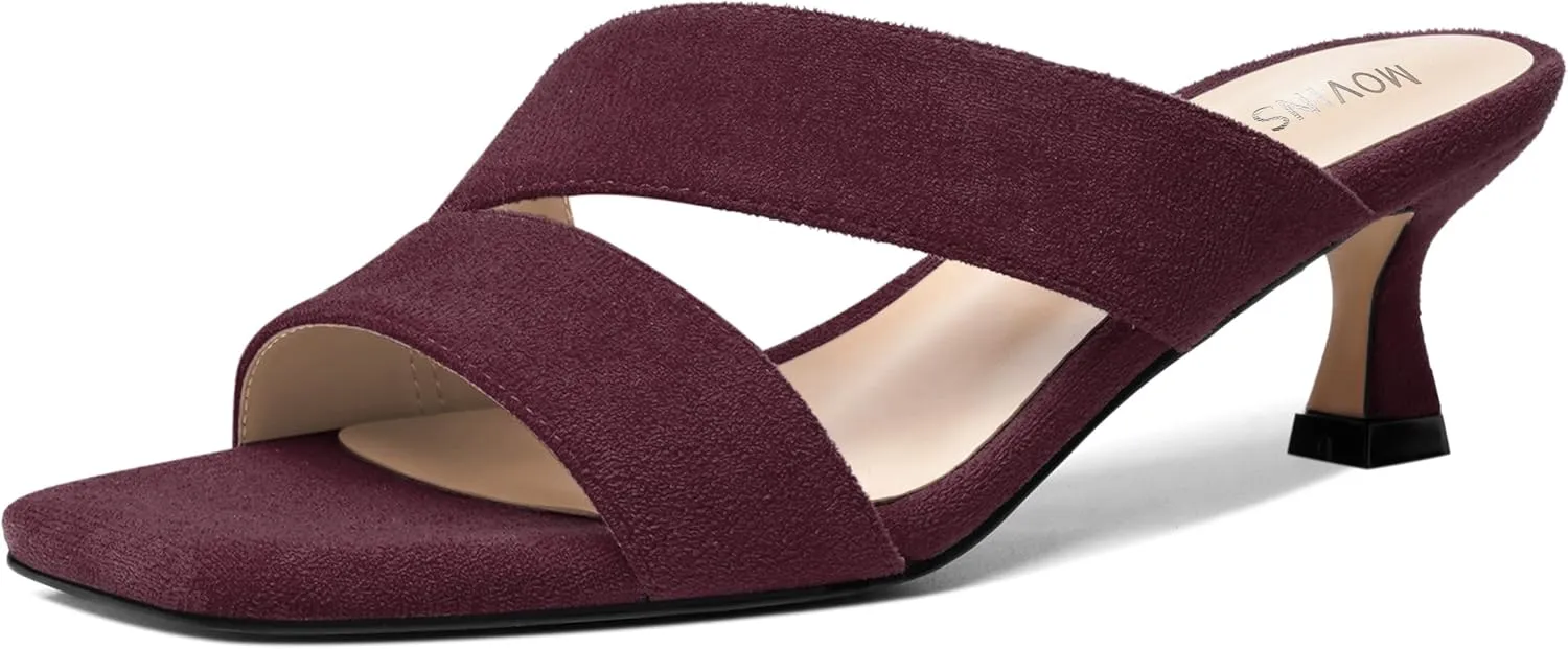MOVINSTEPS Womens Indoor Slip On Dress Solid Suede Square Toe Kitten Low Heel Sandals 2 Inch