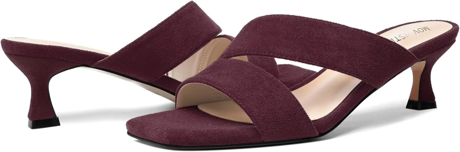 MOVINSTEPS Womens Indoor Slip On Dress Solid Suede Square Toe Kitten Low Heel Sandals 2 Inch