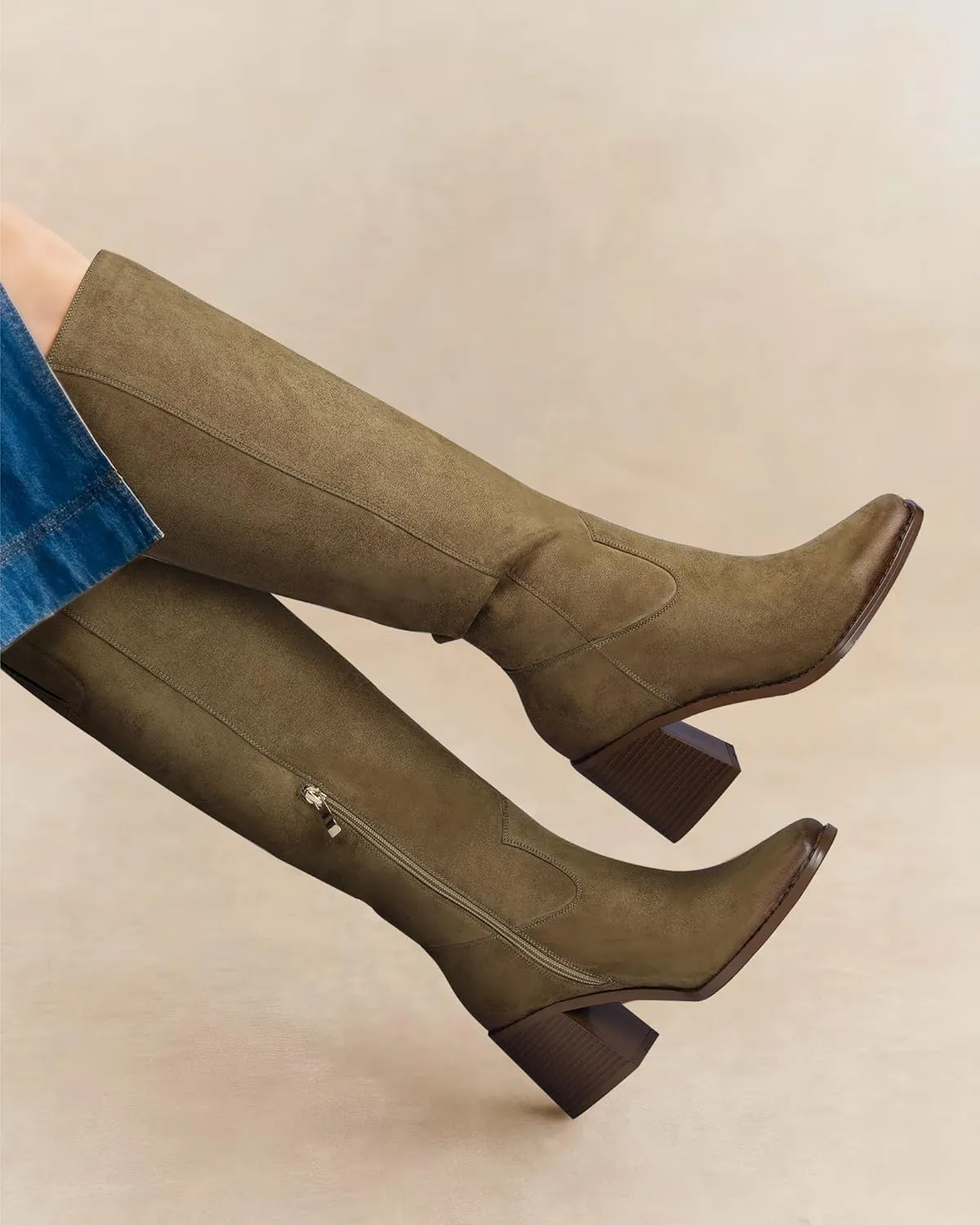 MUCCCUTE Knee High Boots for Women - Square Toe Chunky Block Heel Boots with Side Zipper Pull On Tall Boot