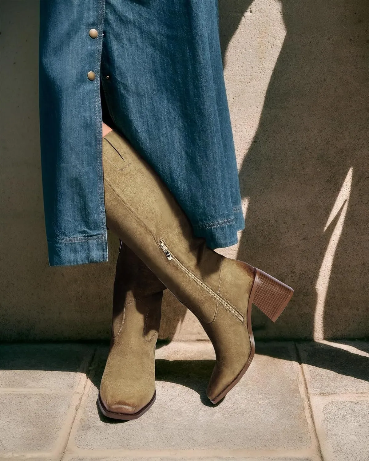 MUCCCUTE Knee High Boots for Women - Square Toe Chunky Block Heel Boots with Side Zipper Pull On Tall Boot