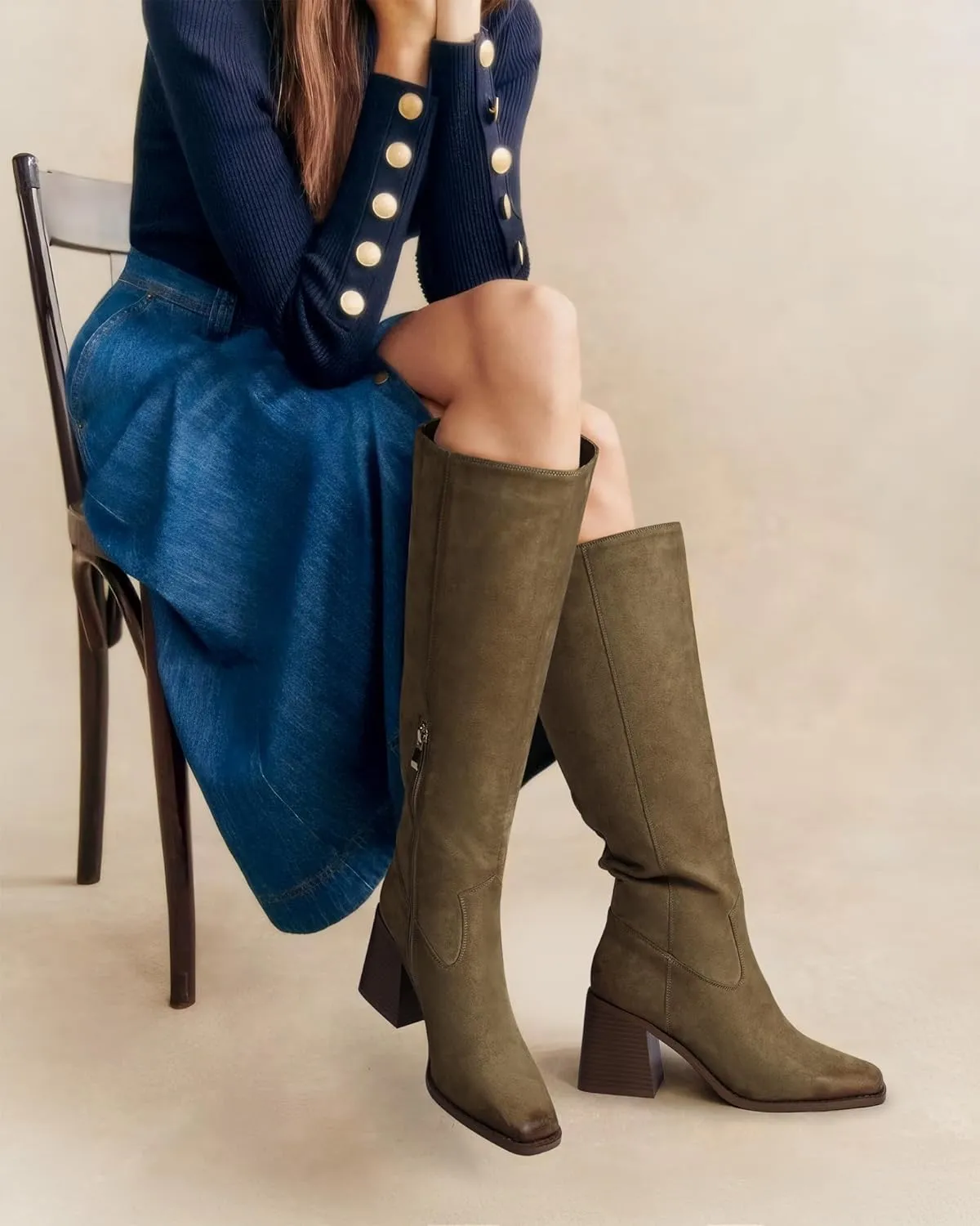 MUCCCUTE Knee High Boots for Women - Square Toe Chunky Block Heel Boots with Side Zipper Pull On Tall Boot