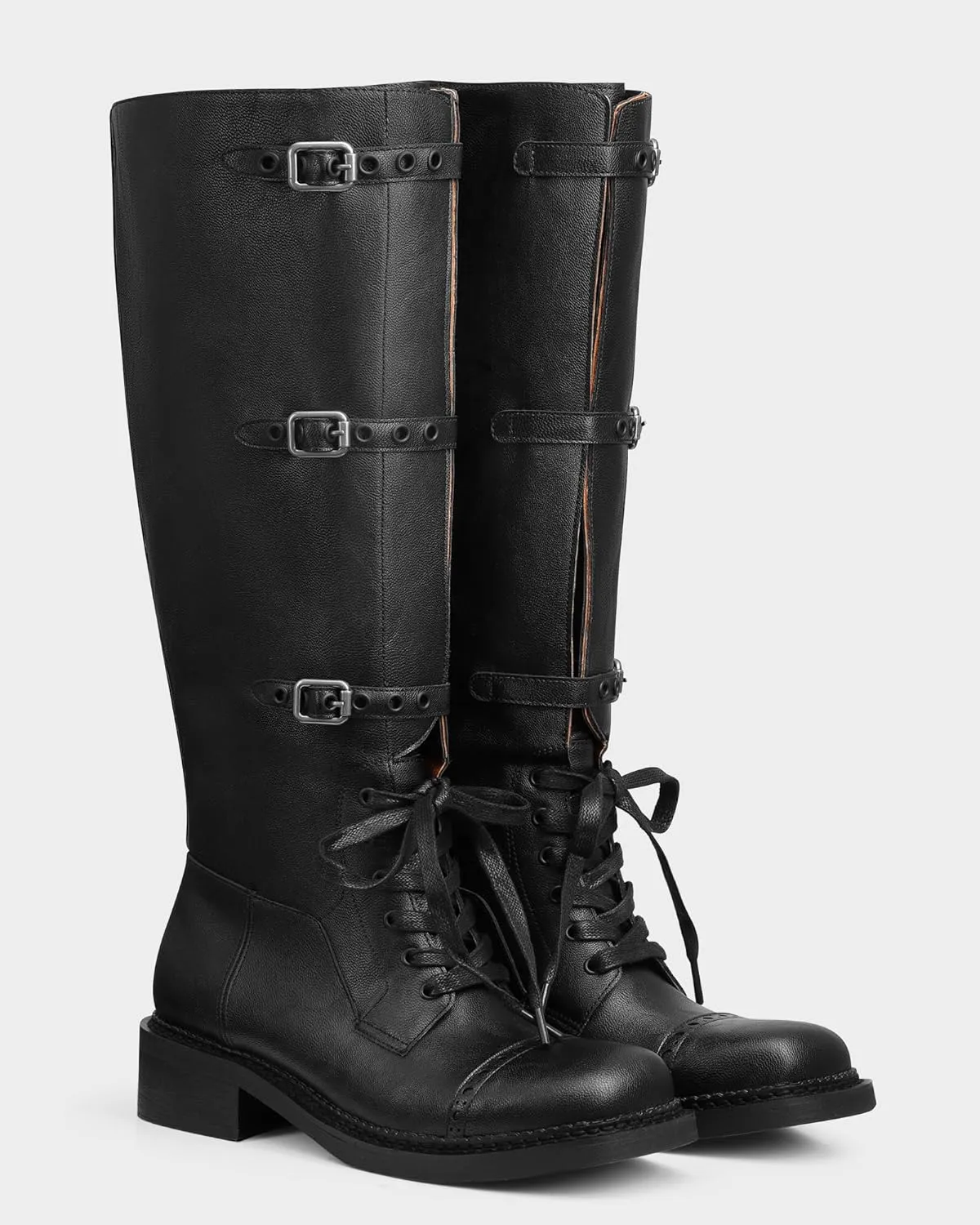 MUCCCUTE Knee High Boots Women Square Toe Low Chunky Heel Boots Riding Boots Motorcycle Buckle Boots