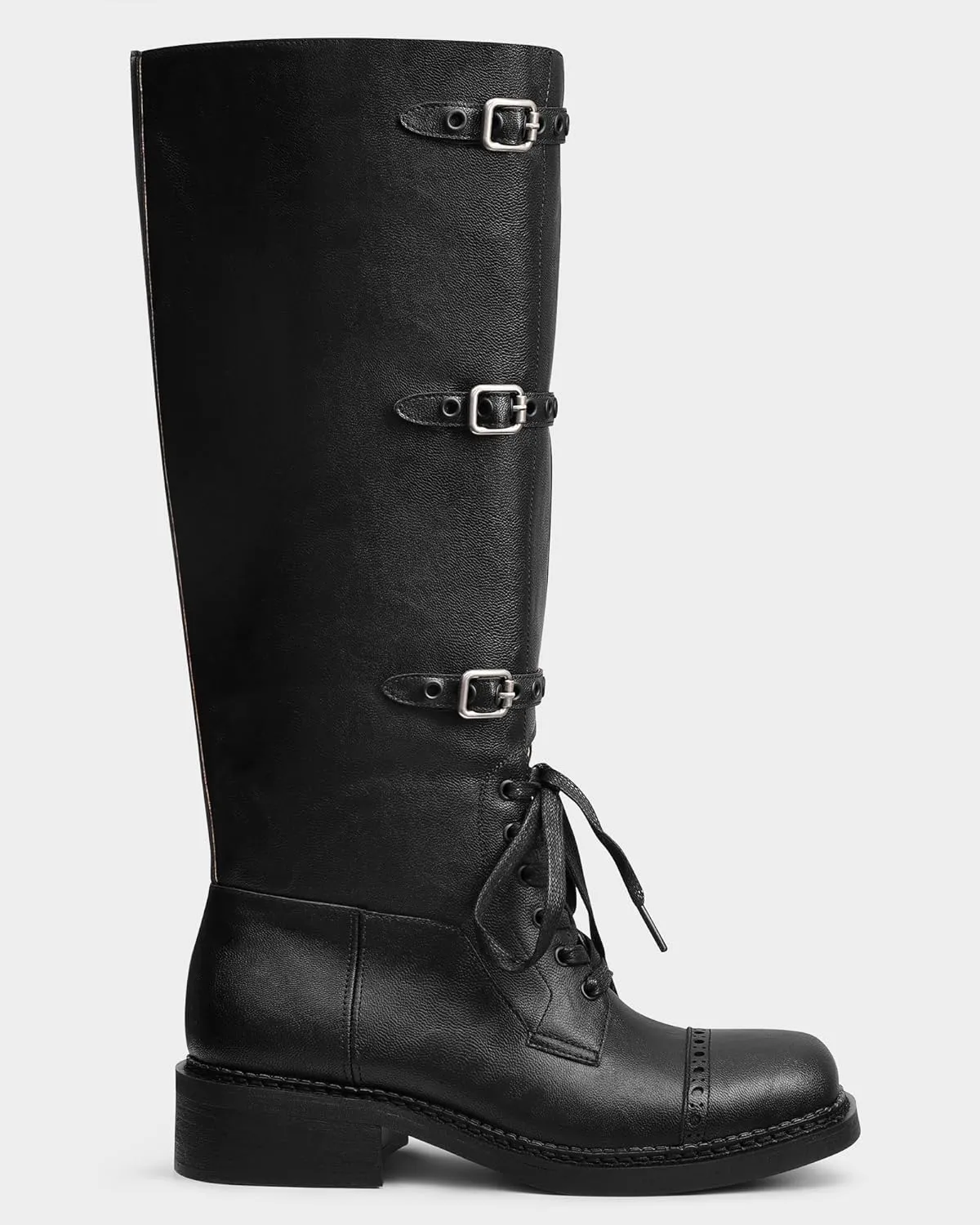 MUCCCUTE Knee High Boots Women Square Toe Low Chunky Heel Boots Riding Boots Motorcycle Buckle Boots