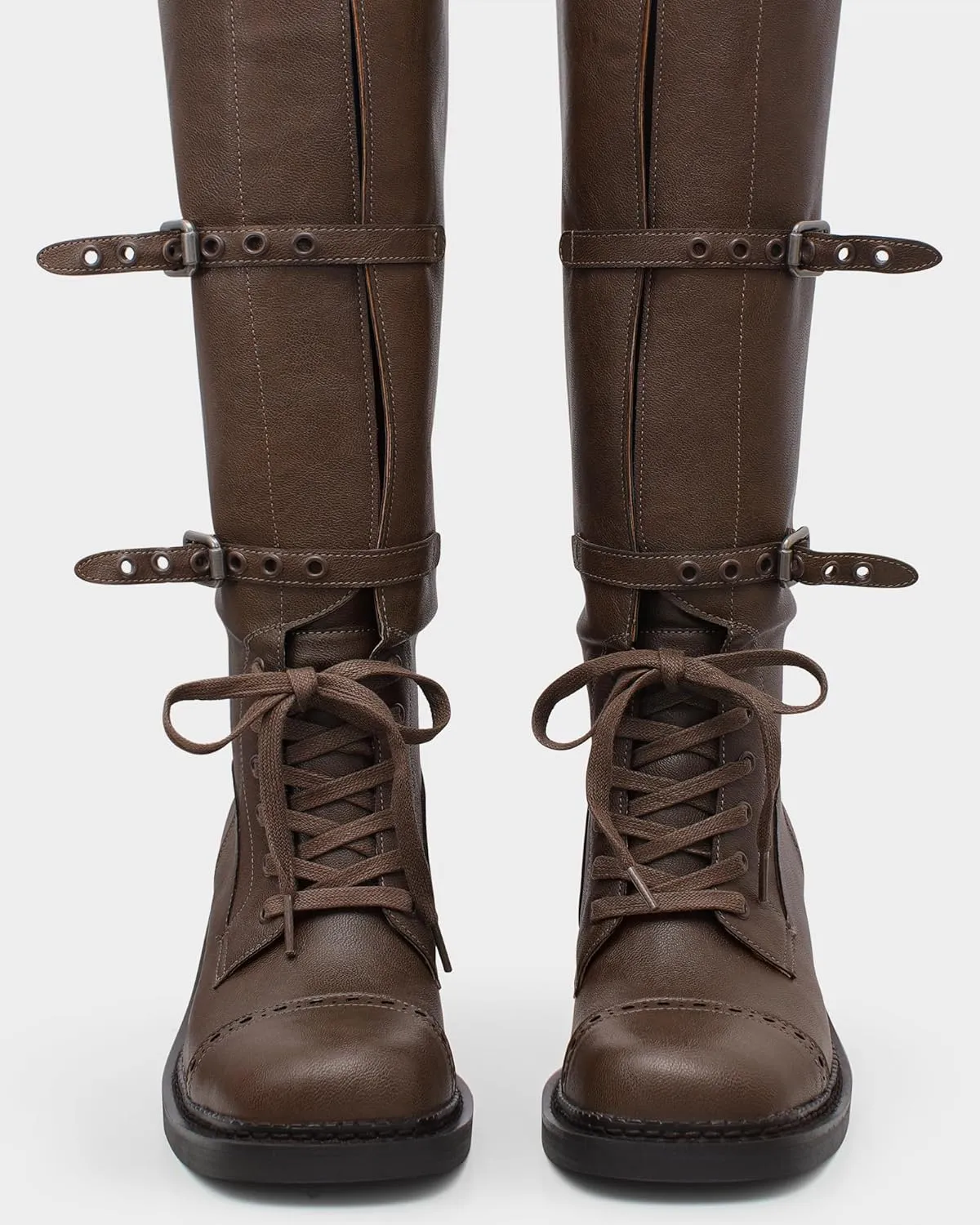 MUCCCUTE Knee High Boots Women Square Toe Low Chunky Heel Boots Riding Boots Motorcycle Buckle Boots