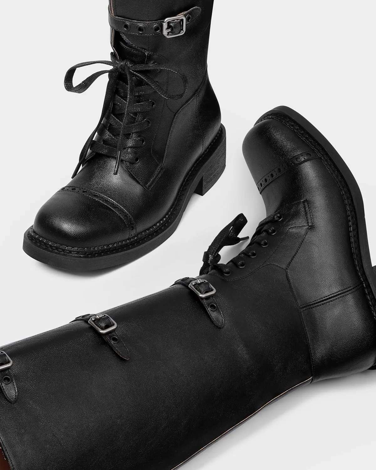 MUCCCUTE Knee High Boots Women Square Toe Low Chunky Heel Boots Riding Boots Motorcycle Buckle Boots