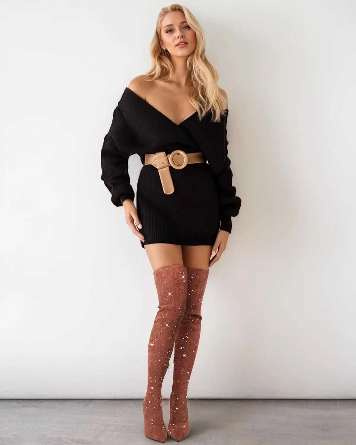 MUCCCUTE Thigh High Suede Boots for Women - Over The Knee Rhinestone Boots Pointed Toe Stiletto High Heel Side Zipper Tall Boots