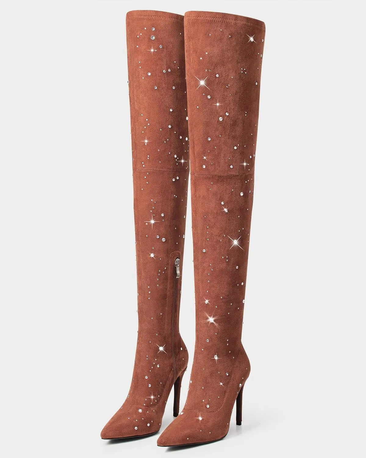 MUCCCUTE Thigh High Suede Boots for Women - Over The Knee Rhinestone Boots Pointed Toe Stiletto High Heel Side Zipper Tall Boots