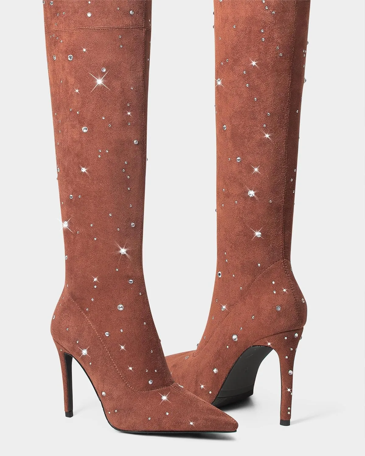 MUCCCUTE Thigh High Suede Boots for Women - Over The Knee Rhinestone Boots Pointed Toe Stiletto High Heel Side Zipper Tall Boots